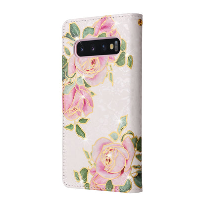 Samsung Galaxy S10 Luxury Bronzing Leather Case - Floral RFID Wallet Cover with Stand & Card Slots
