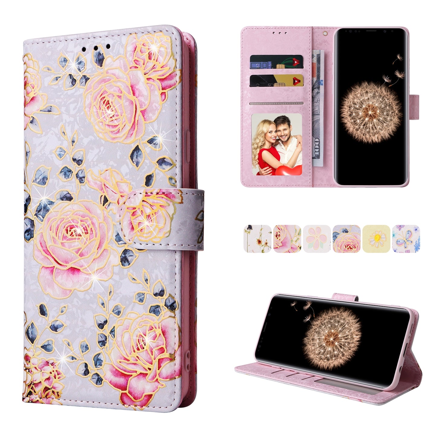 Samsung Galaxy S9 Plus Luxury Bronzing Leather Case - Floral RFID Wallet Cover with Stand & Card Slots