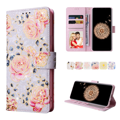 Samsung Galaxy S9 Plus Luxury Bronzing Leather Case - Floral RFID Wallet Cover with Stand & Card Slots