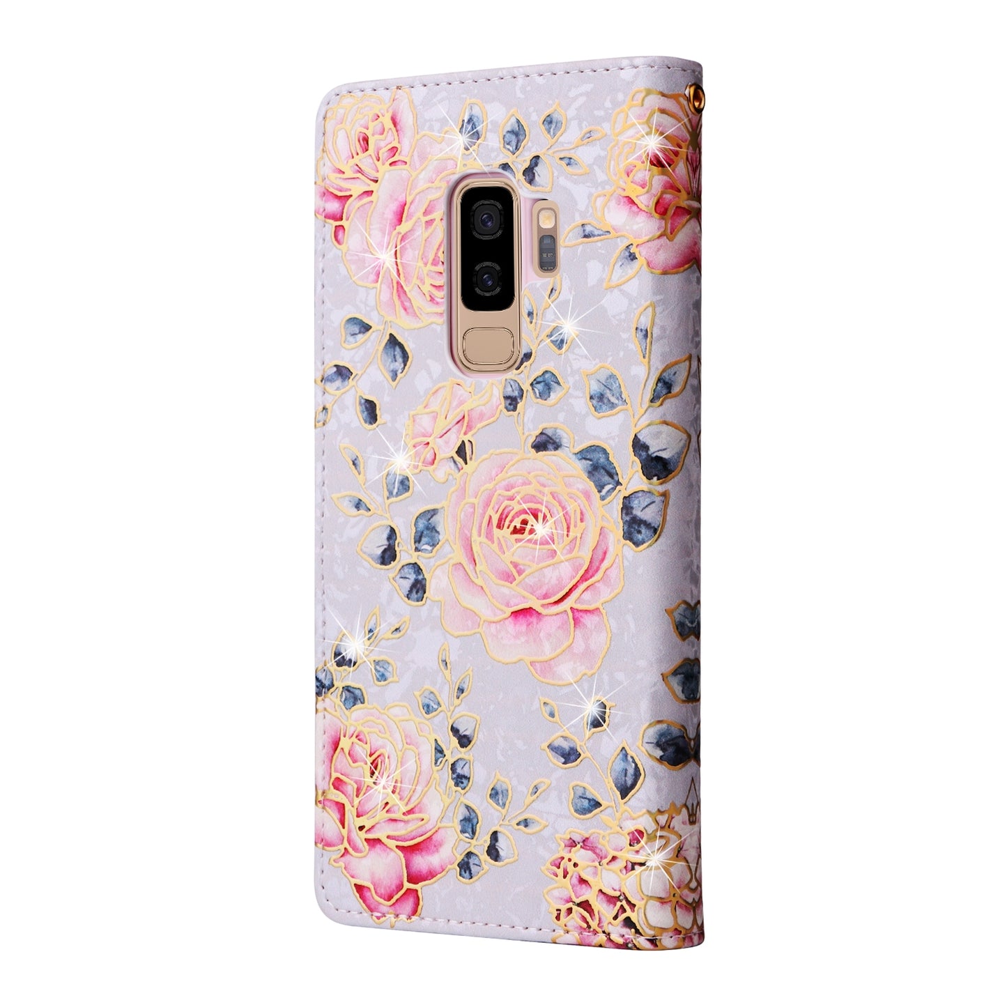Samsung Galaxy S9 Plus Luxury Bronzing Leather Case - Floral RFID Wallet Cover with Stand & Card Slots