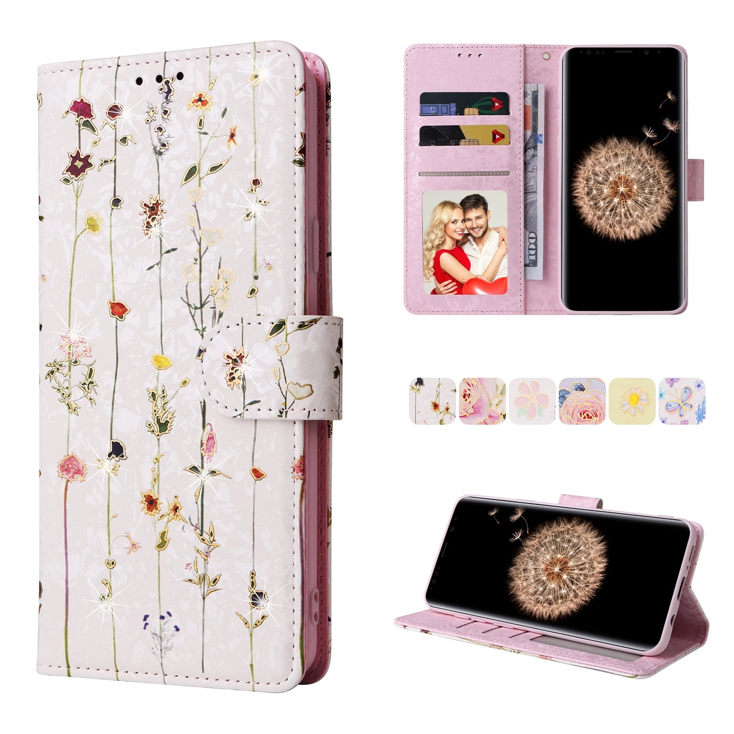 Samsung Galaxy S9 Plus Luxury Bronzing Leather Case - Floral RFID Wallet Cover with Stand & Card Slots
