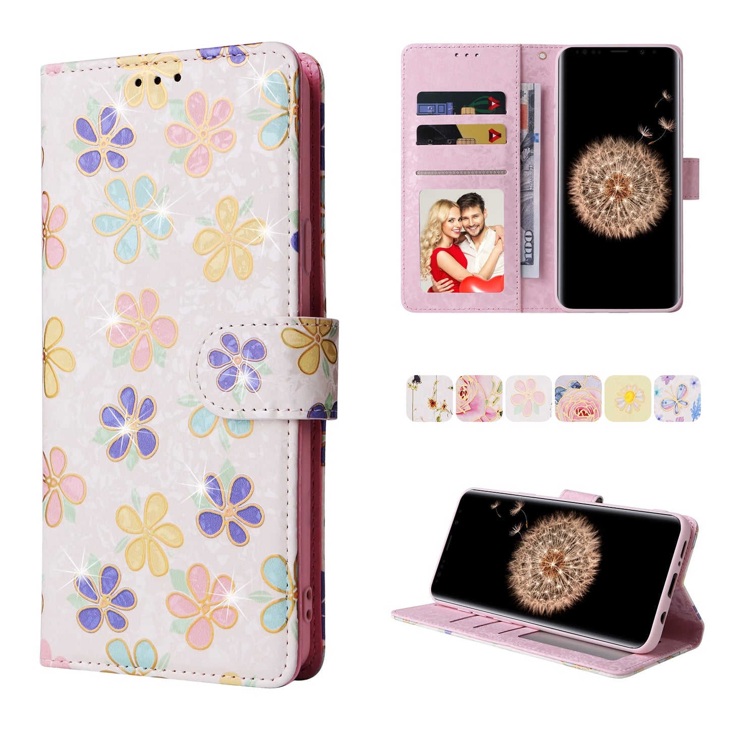 Samsung Galaxy S9 Plus Luxury Bronzing Leather Case - Floral RFID Wallet Cover with Stand & Card Slots