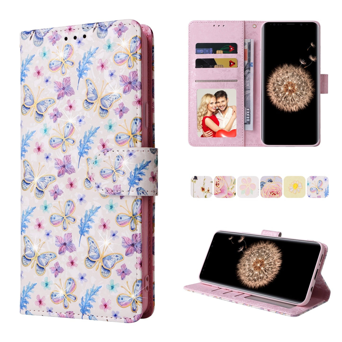 Samsung Galaxy S9 Plus Luxury Bronzing Leather Case - Floral RFID Wallet Cover with Stand & Card Slots