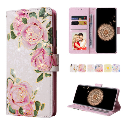 Samsung Galaxy S9 Plus Luxury Bronzing Leather Case - Floral RFID Wallet Cover with Stand & Card Slots