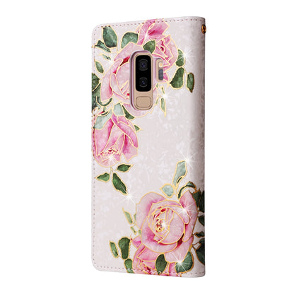 Samsung Galaxy S9 Plus Luxury Bronzing Leather Case - Floral RFID Wallet Cover with Stand & Card Slots