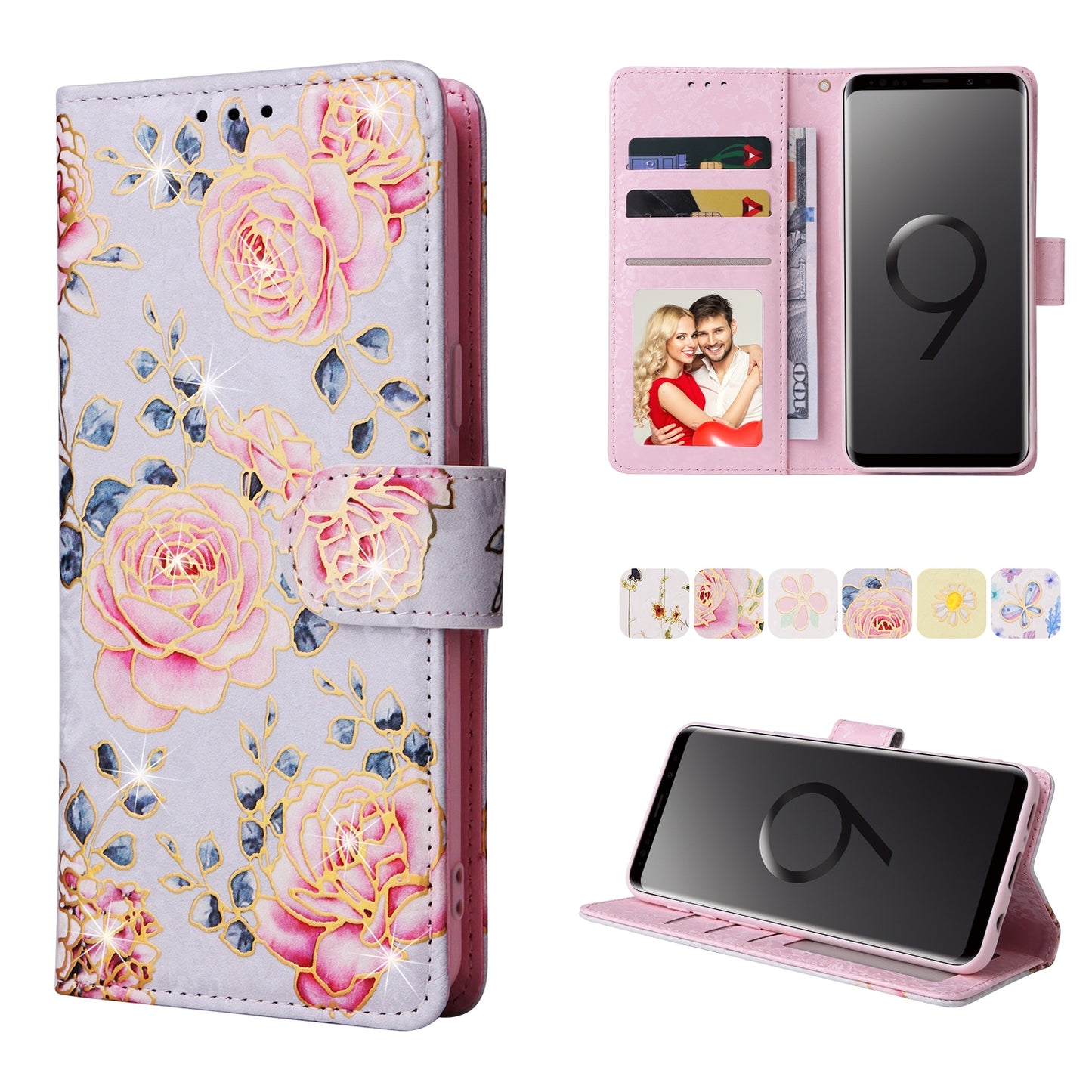 Samsung Galaxy S9 Luxury Bronzing Leather Case - Floral RFID Wallet Cover with Stand & Card Slots