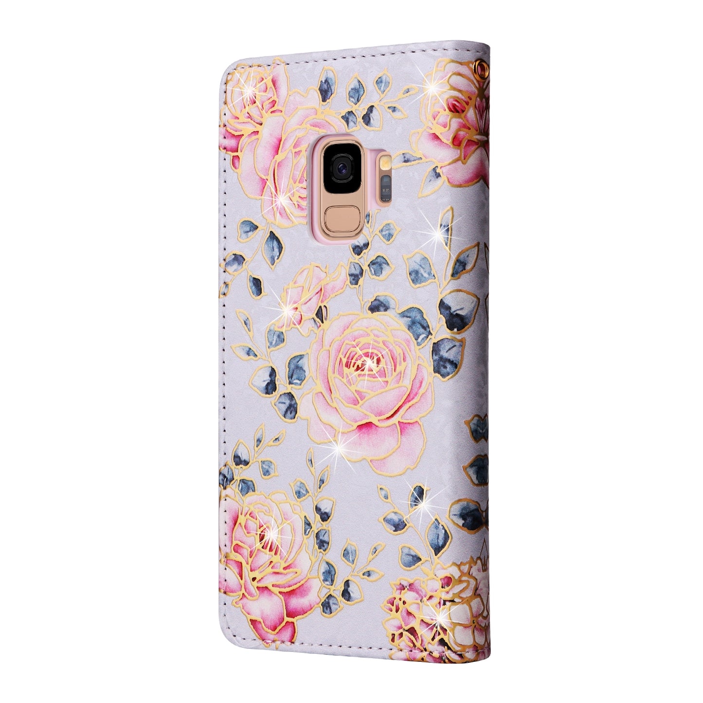 Samsung Galaxy S9 Luxury Bronzing Leather Case - Floral RFID Wallet Cover with Stand & Card Slots