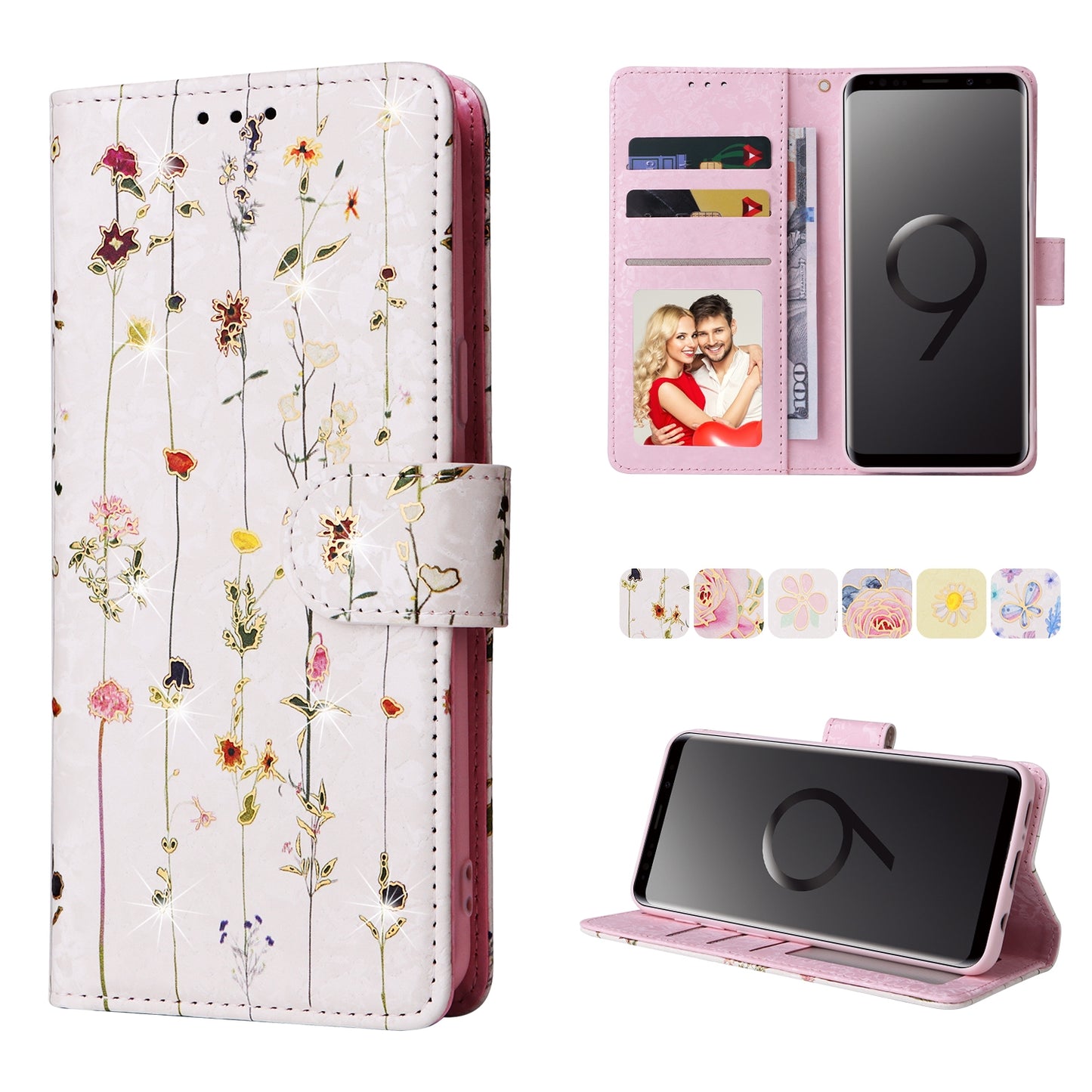 Samsung Galaxy S9 Luxury Bronzing Leather Case - Floral RFID Wallet Cover with Stand & Card Slots