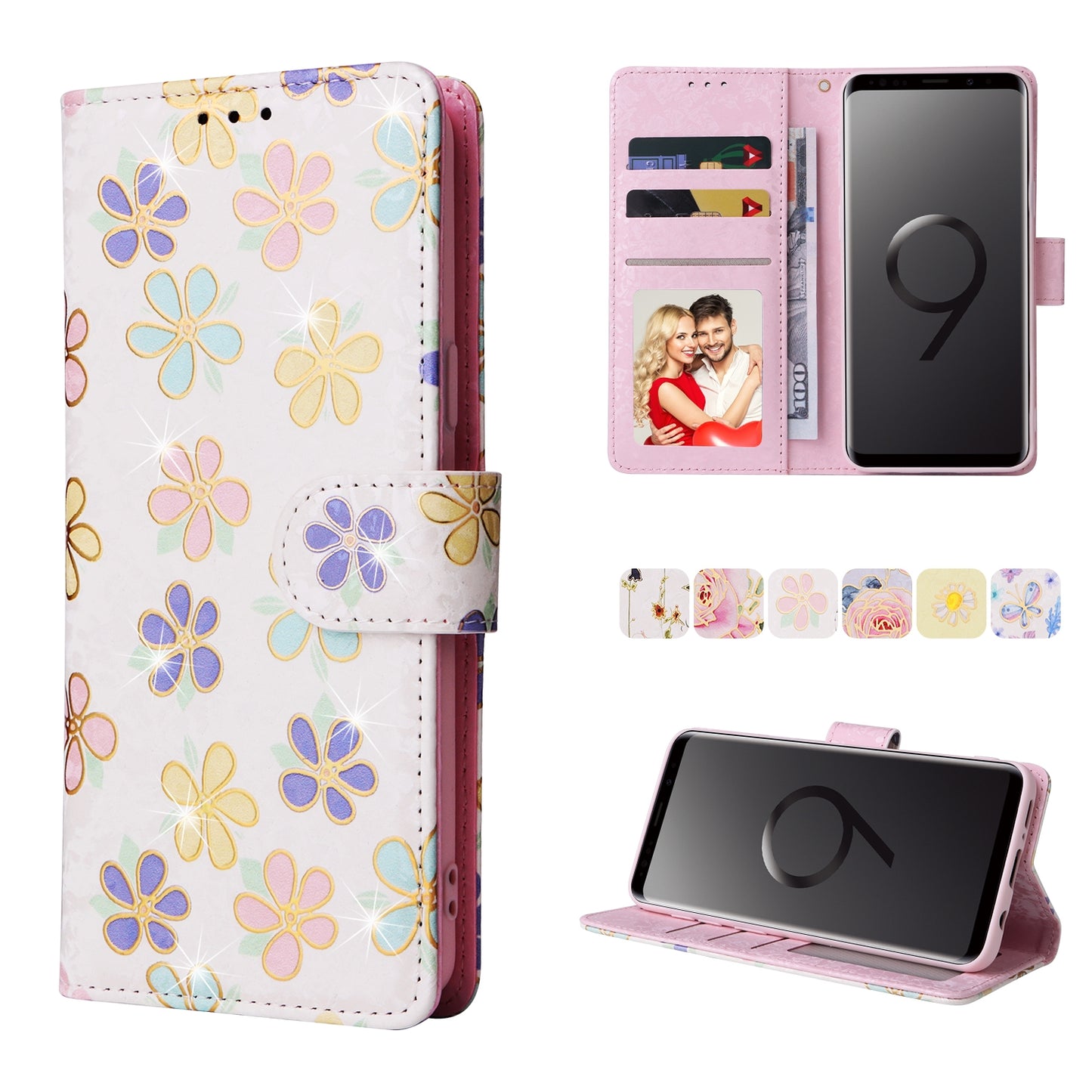 Samsung Galaxy S9 Luxury Bronzing Leather Case - Floral RFID Wallet Cover with Stand & Card Slots