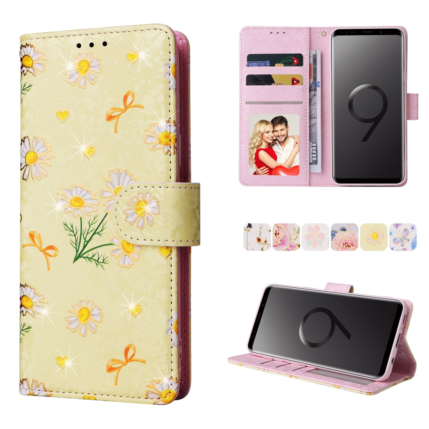 Samsung Galaxy S9 Luxury Bronzing Leather Case - Floral RFID Wallet Cover with Stand & Card Slots