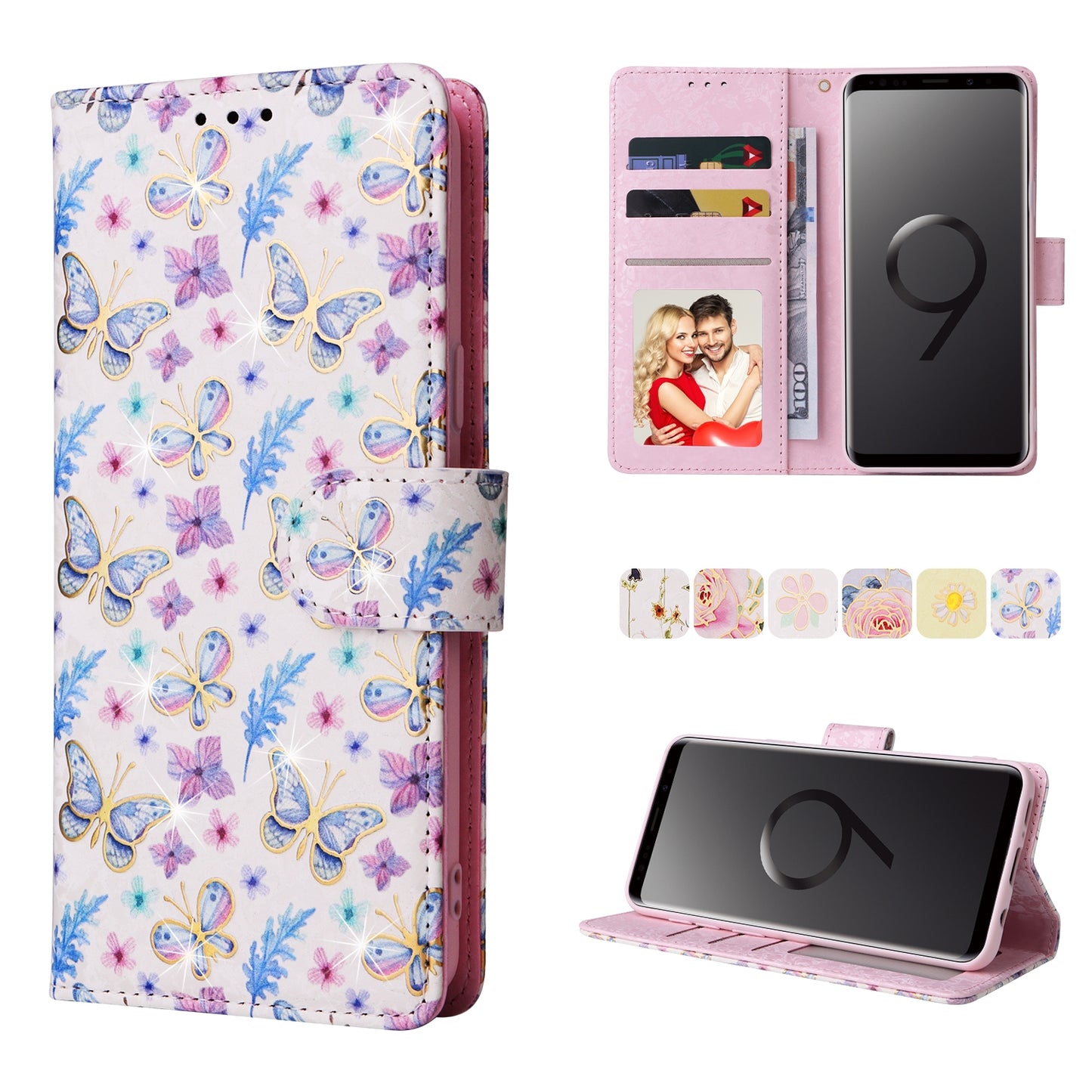 Samsung Galaxy S9 Luxury Bronzing Leather Case - Floral RFID Wallet Cover with Stand & Card Slots