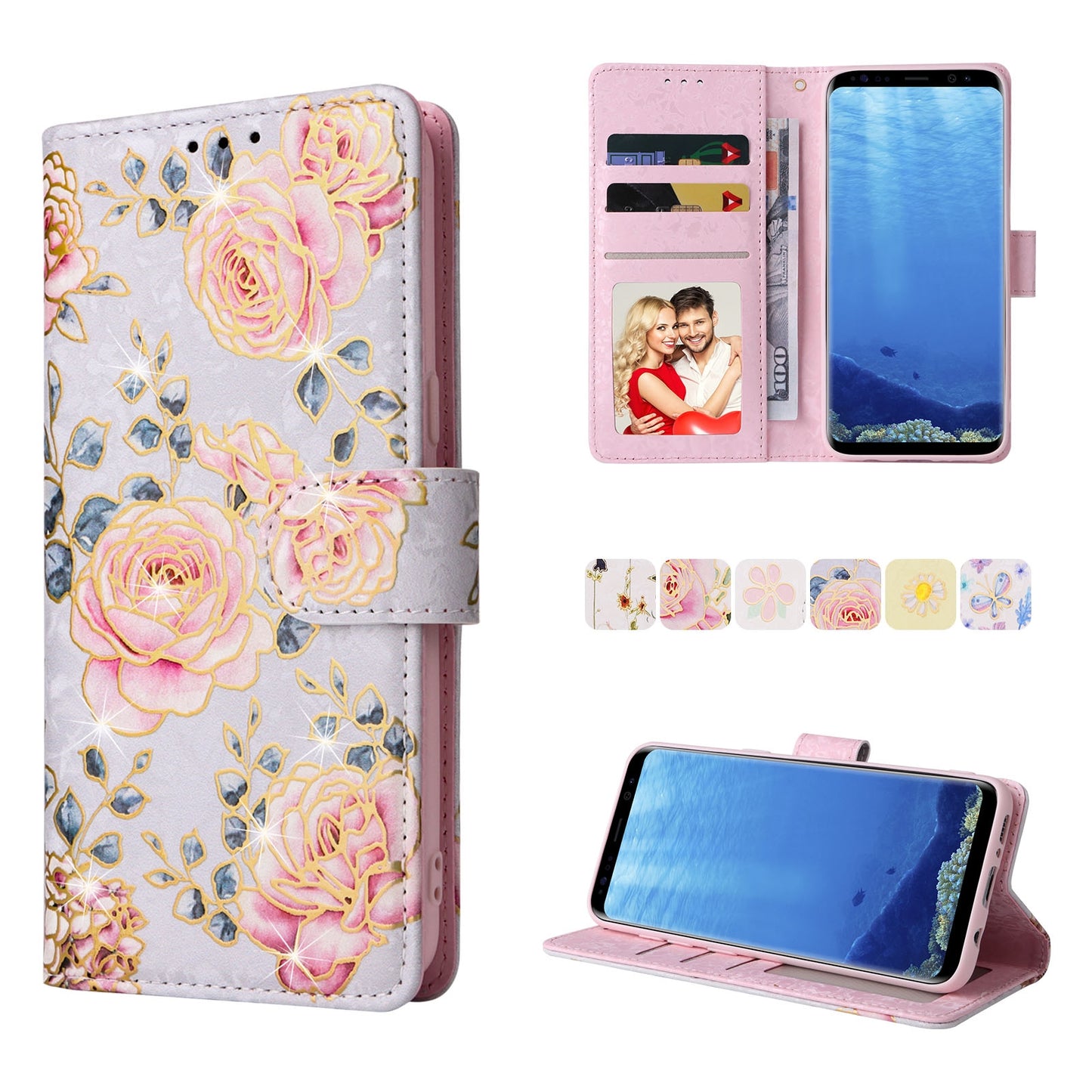 Samsung Galaxy S8 Luxury Bronzing Leather Case - Floral RFID Wallet Cover with Stand & Card Slots