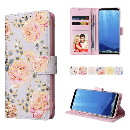 Samsung Galaxy S8 Luxury Bronzing Leather Case - Floral RFID Wallet Cover with Stand & Card Slots