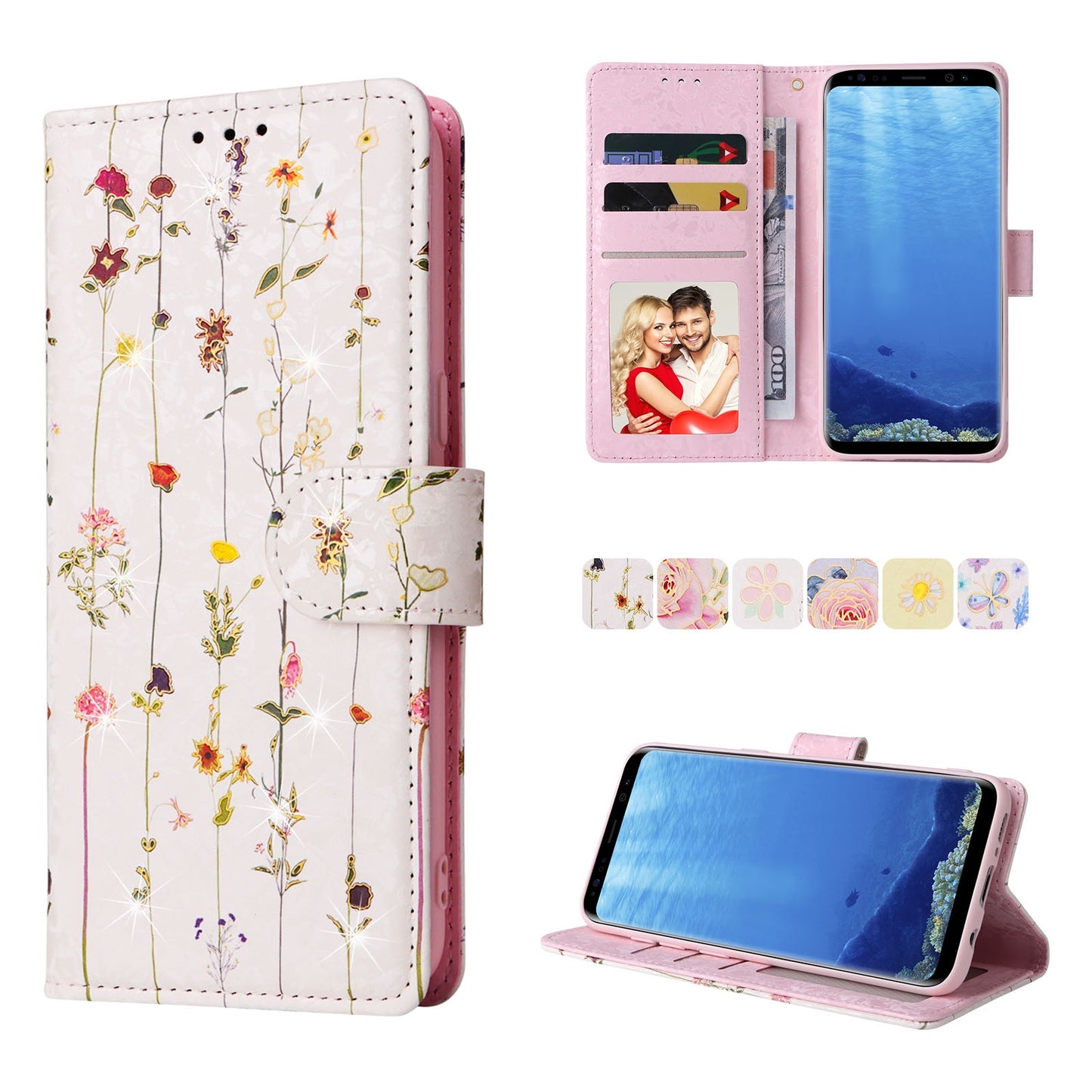 Samsung Galaxy S8 Luxury Bronzing Leather Case - Floral RFID Wallet Cover with Stand & Card Slots