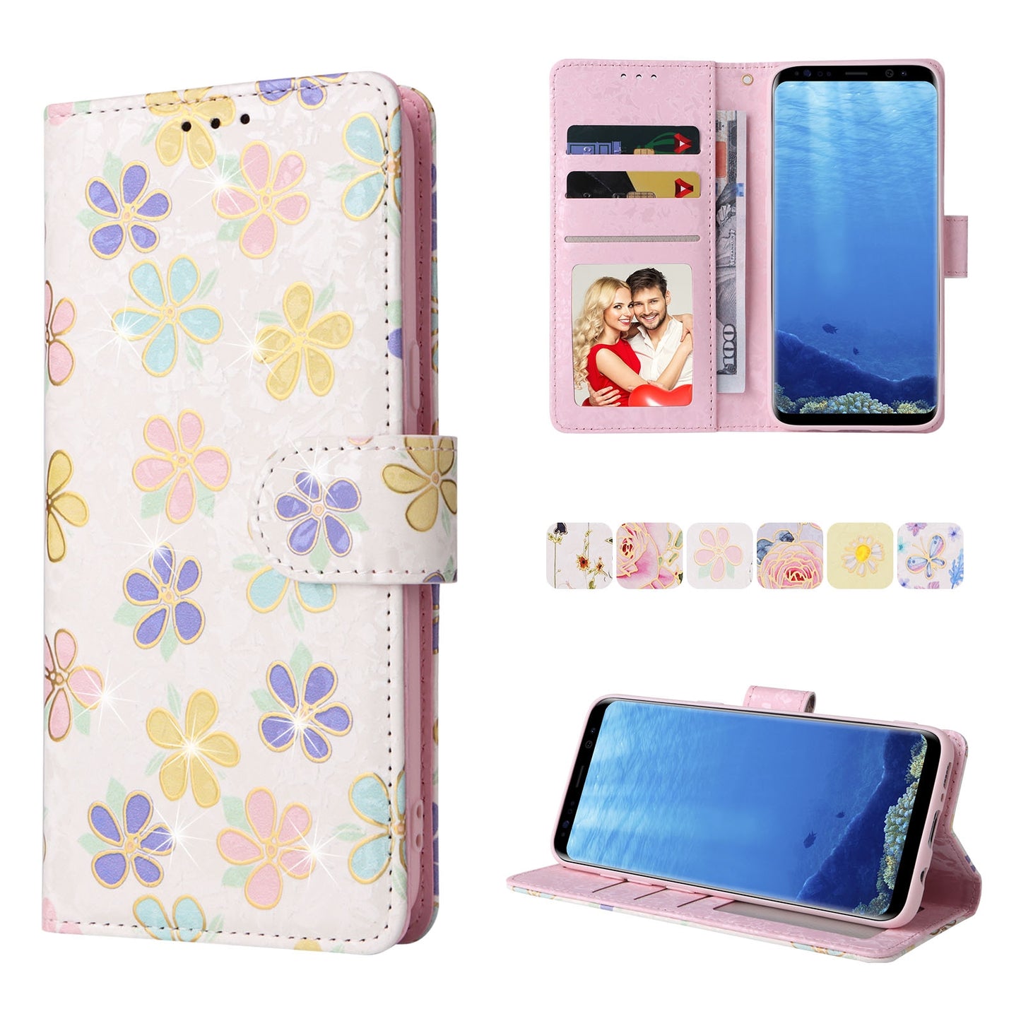 Samsung Galaxy S8 Luxury Bronzing Leather Case - Floral RFID Wallet Cover with Stand & Card Slots