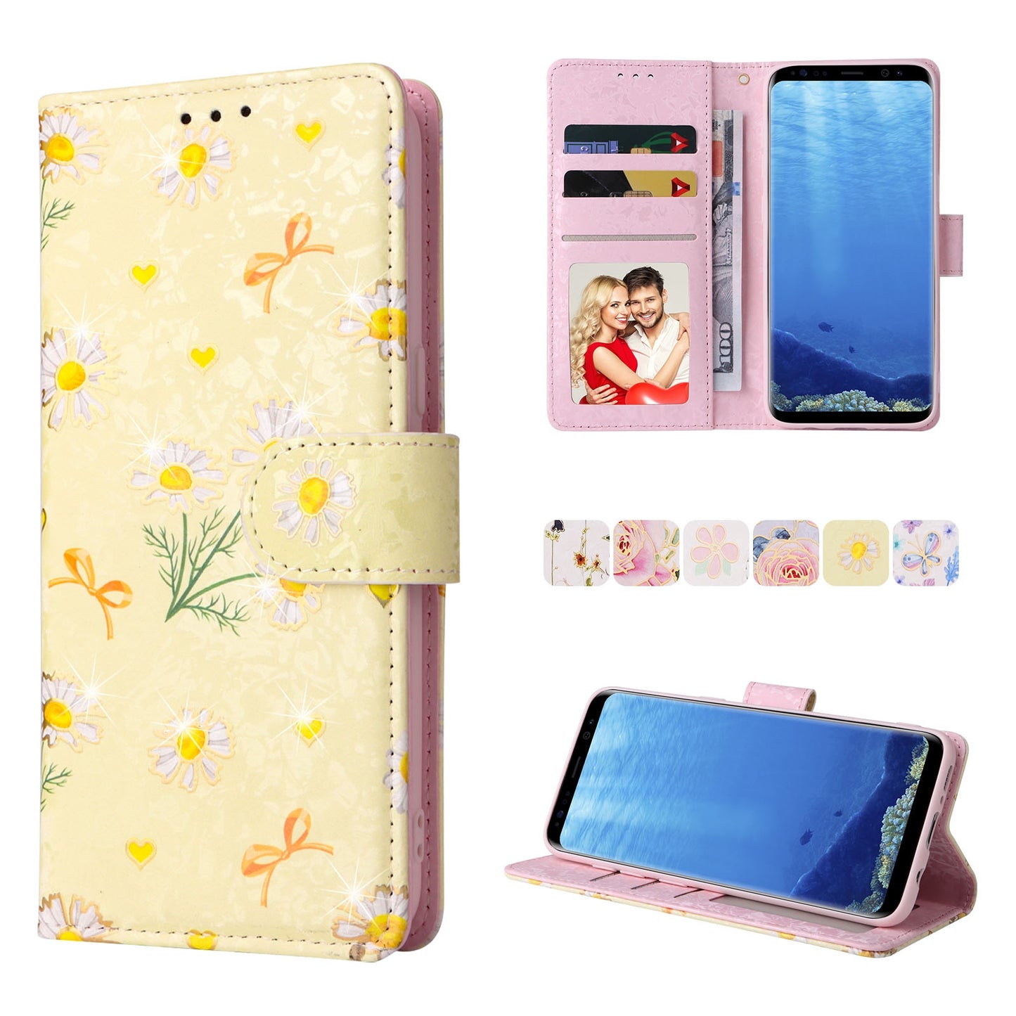 Samsung Galaxy S8 Luxury Bronzing Leather Case - Floral RFID Wallet Cover with Stand & Card Slots