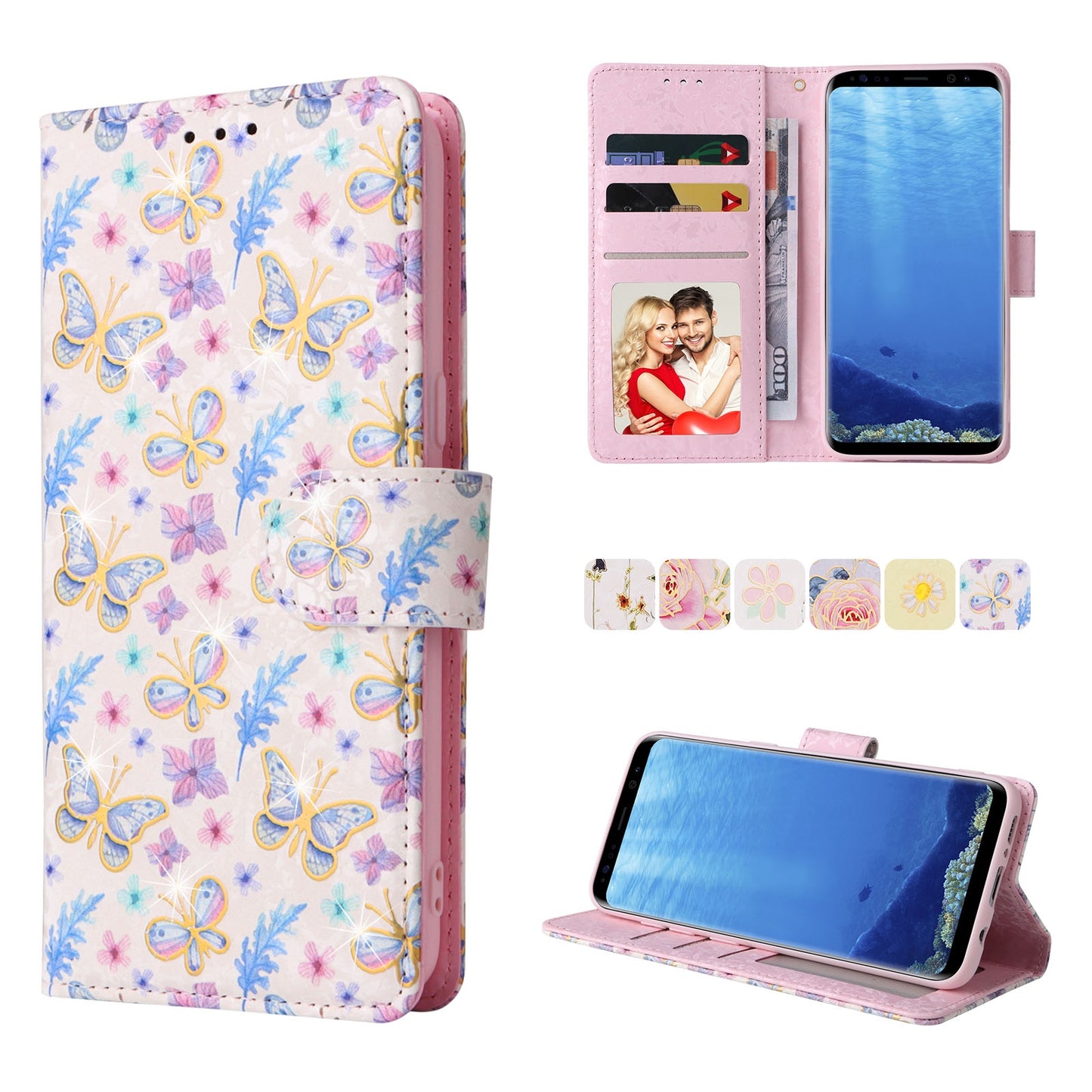 Samsung Galaxy S8 Luxury Bronzing Leather Case - Floral RFID Wallet Cover with Stand & Card Slots