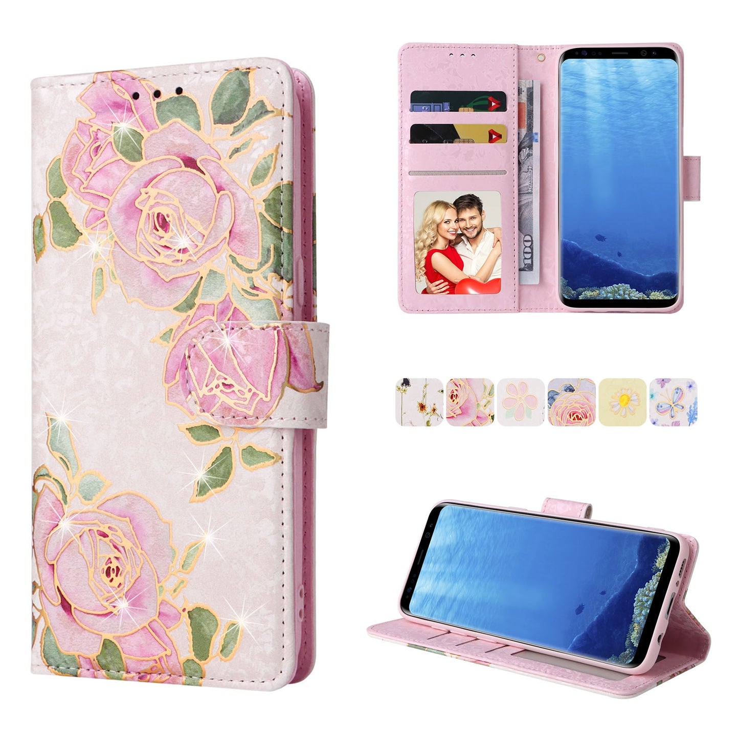 Samsung Galaxy S8 Luxury Bronzing Leather Case - Floral RFID Wallet Cover with Stand & Card Slots