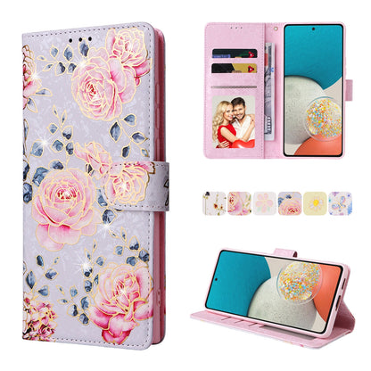 Samsung Galaxy A53 5G Luxury Bronzing Leather Case - Floral RFID Wallet Cover with Stand & Card Slots