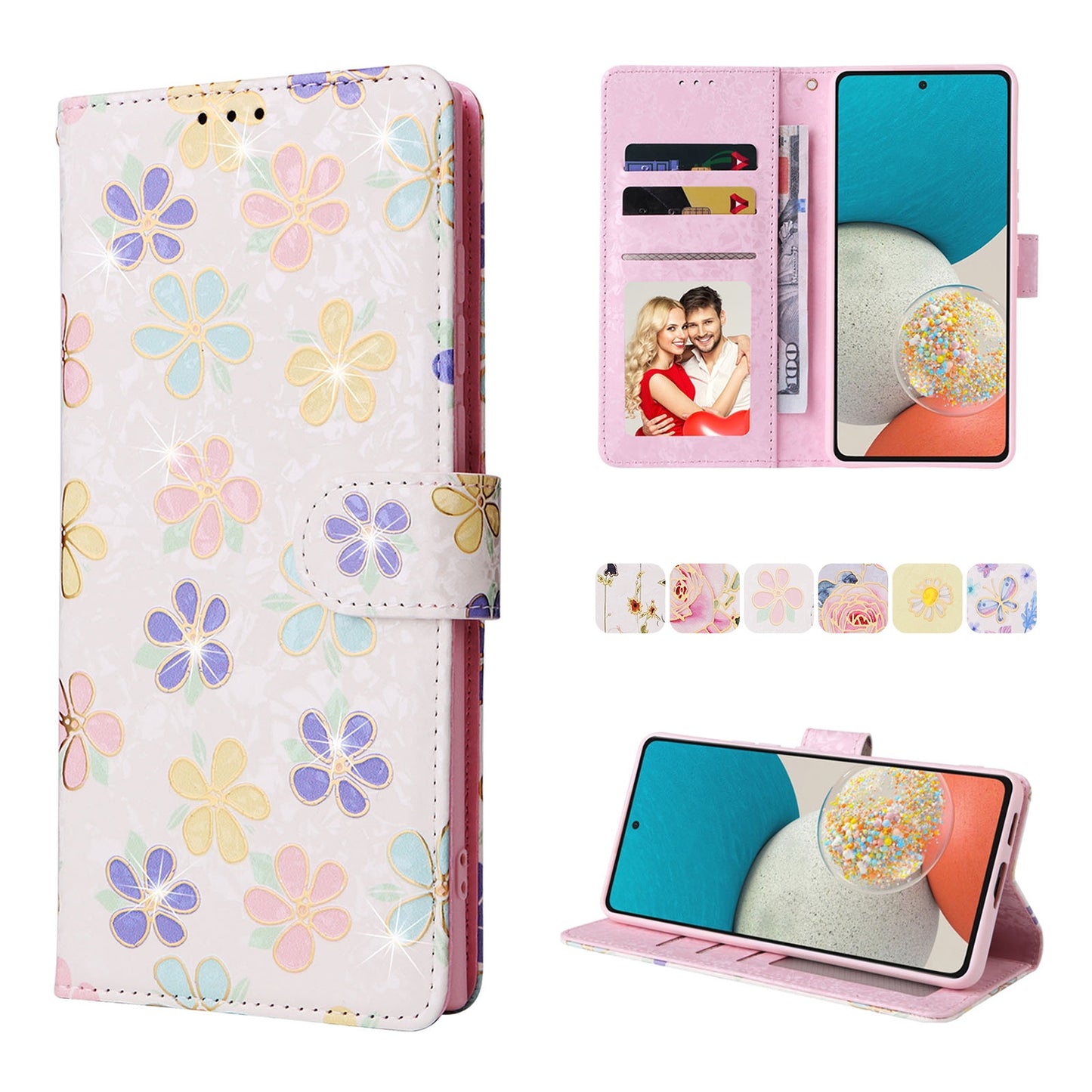 Samsung Galaxy A53 5G Luxury Bronzing Leather Case - Floral RFID Wallet Cover with Stand & Card Slots