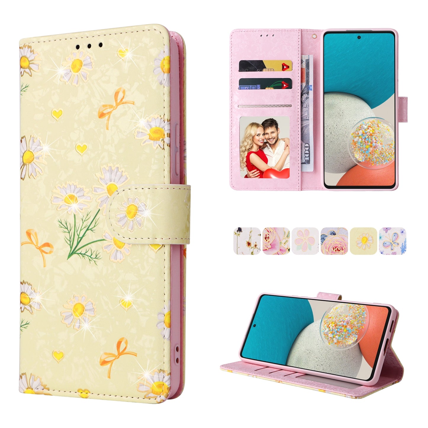 Samsung Galaxy A53 5G Luxury Bronzing Leather Case - Floral RFID Wallet Cover with Stand & Card Slots