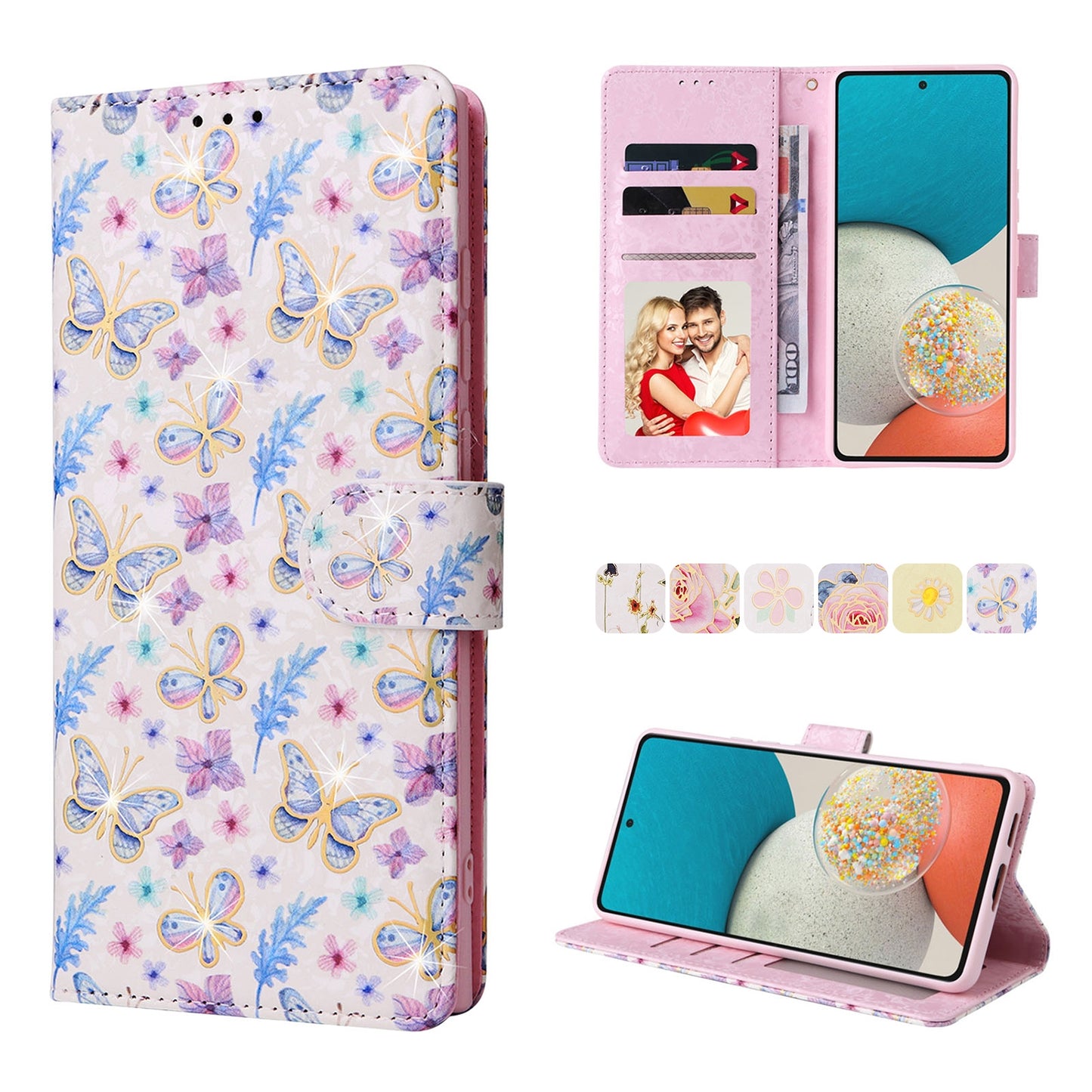 Samsung Galaxy A53 5G Luxury Bronzing Leather Case - Floral RFID Wallet Cover with Stand & Card Slots
