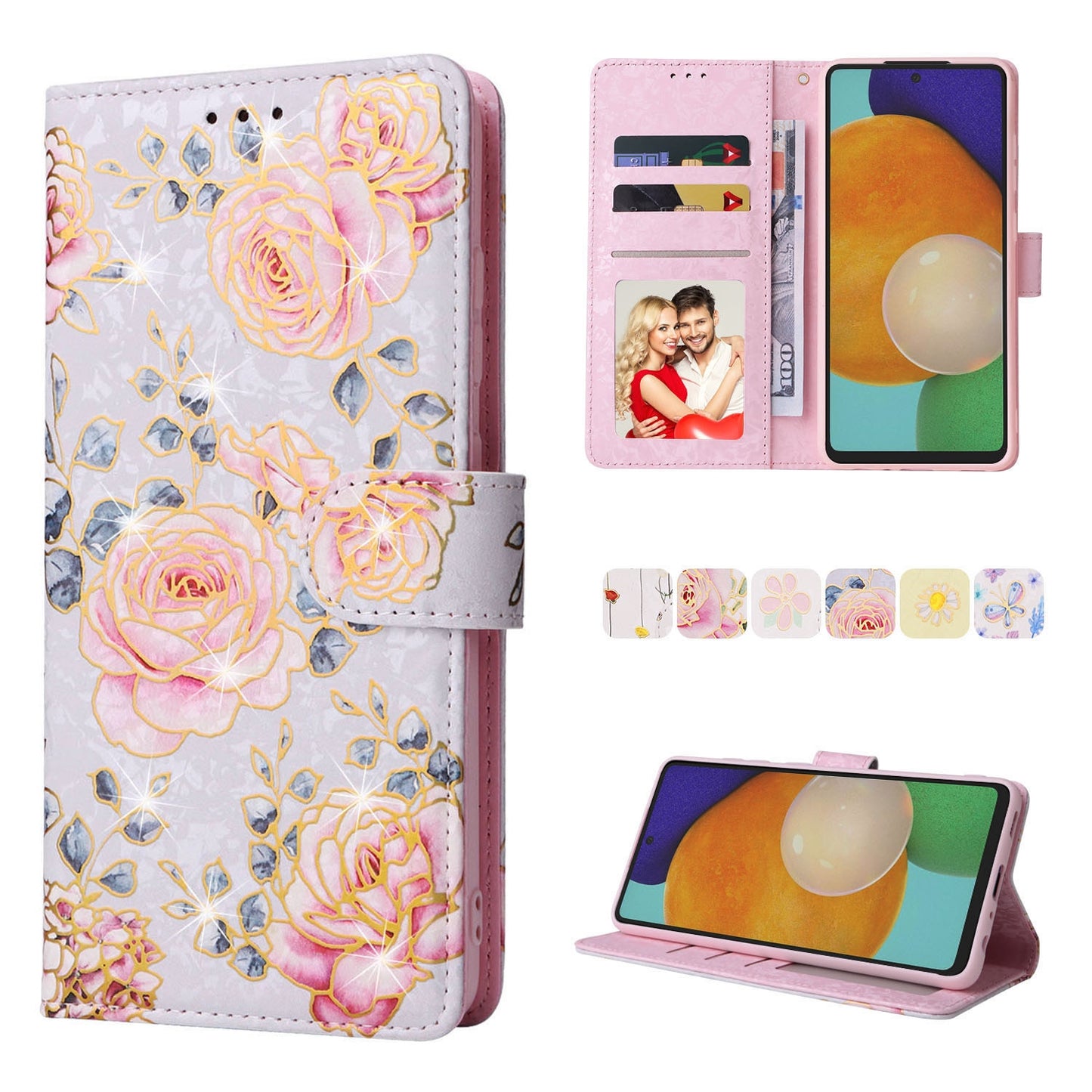 Samsung Galaxy A52 5G Luxury Bronzing Leather Case - Floral RFID Wallet Cover with Stand & Card Slots