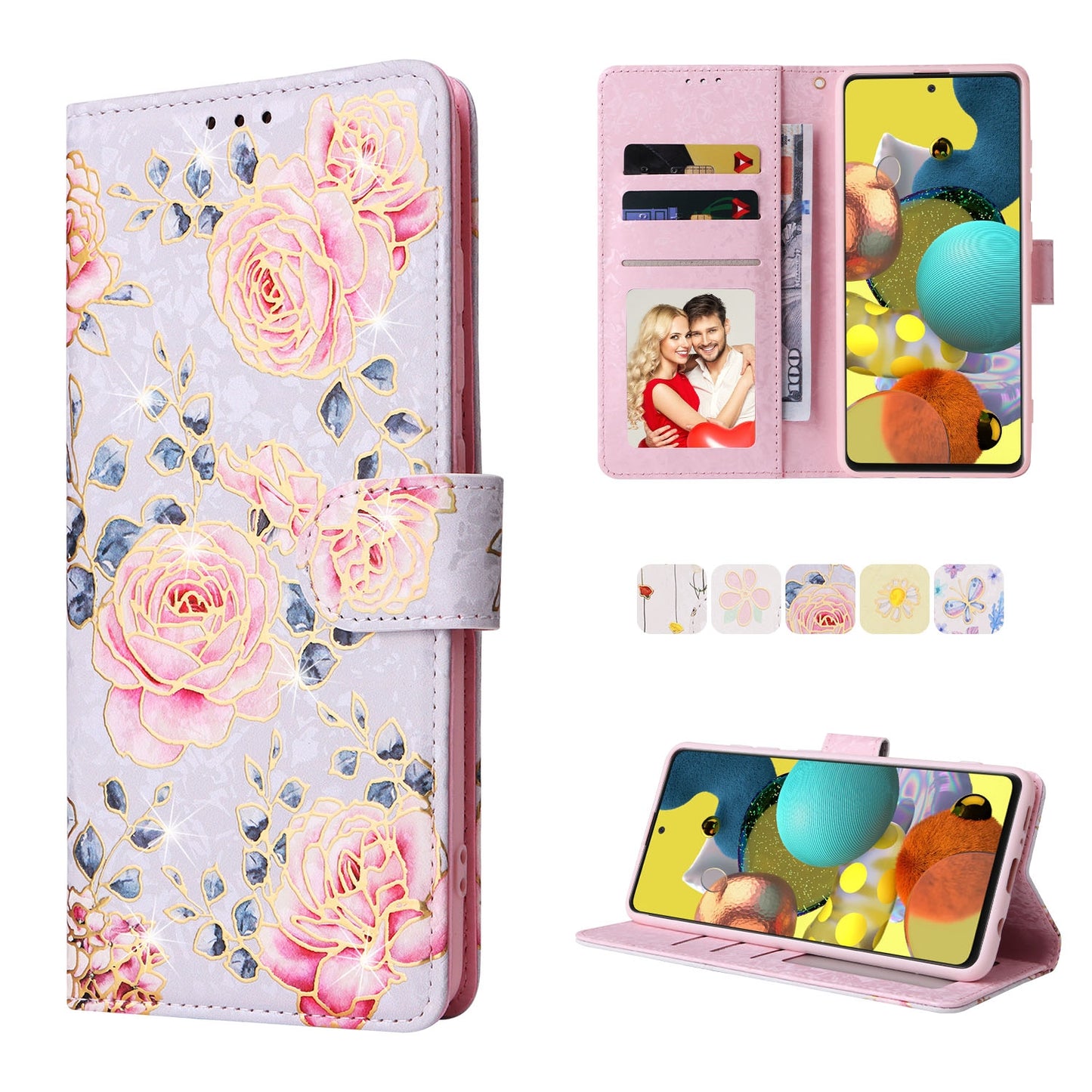 Samsung Galaxy A51 Luxury Bronzing Leather Case - Floral RFID Wallet Cover with Stand & Card Slots