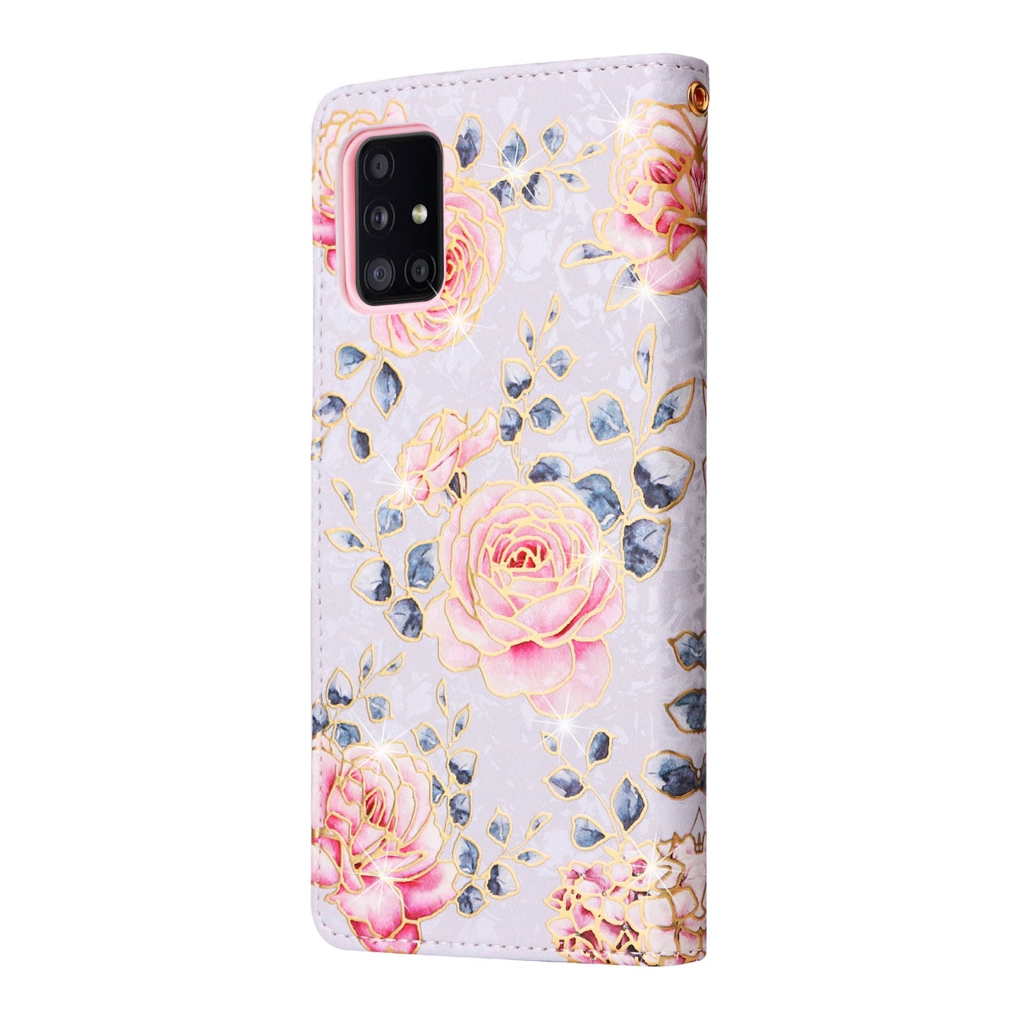Samsung Galaxy A51 Luxury Bronzing Leather Case - Floral RFID Wallet Cover with Stand & Card Slots
