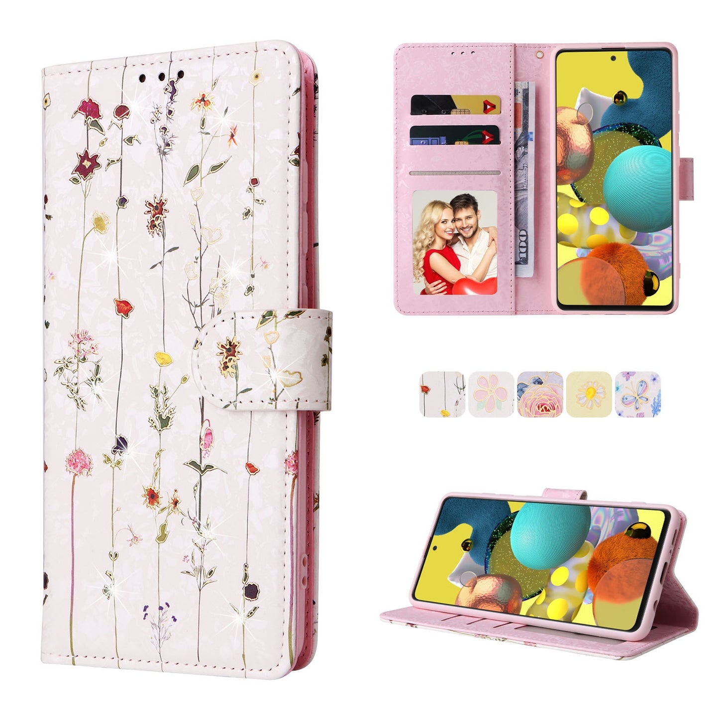 Samsung Galaxy A51 Luxury Bronzing Leather Case - Floral RFID Wallet Cover with Stand & Card Slots