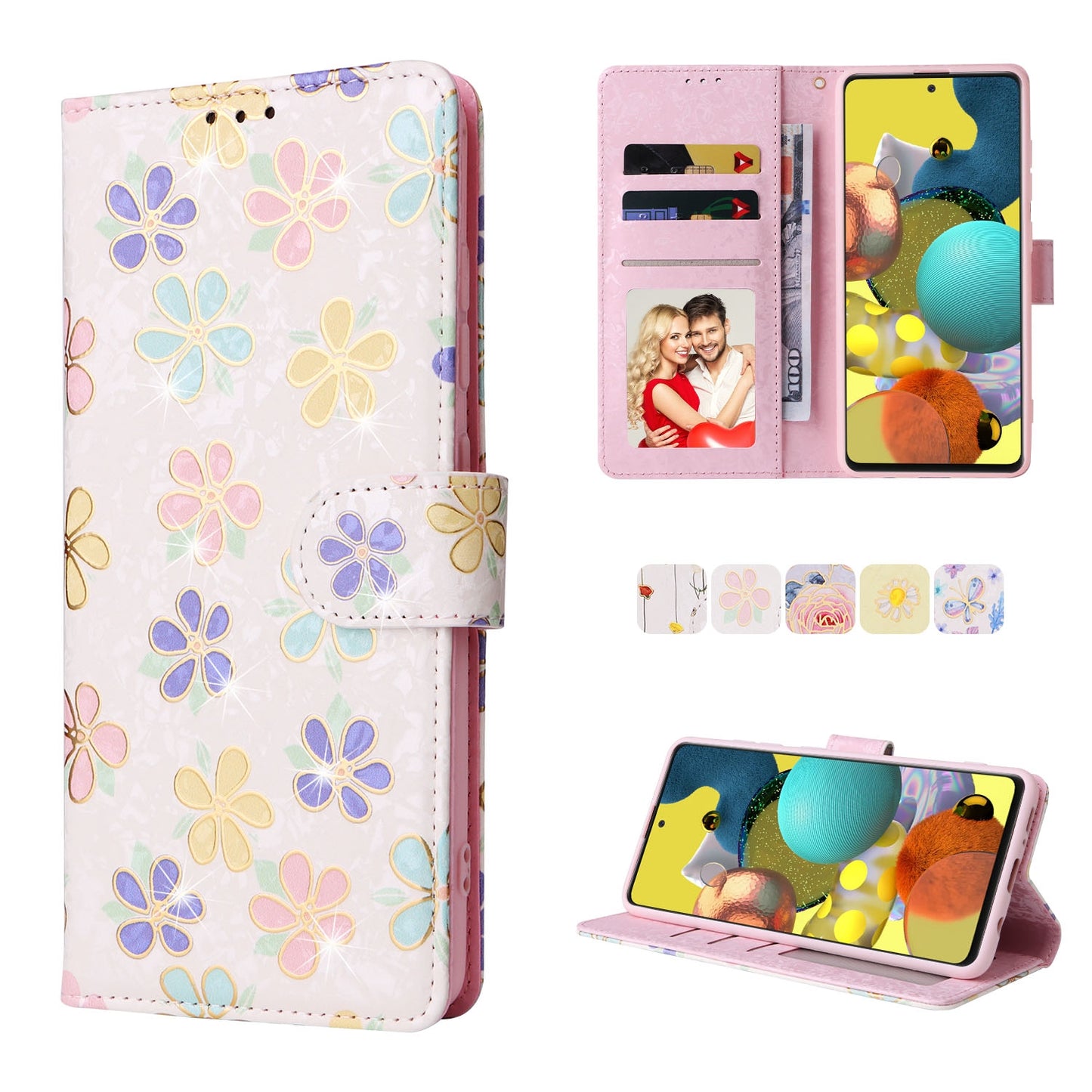 Samsung Galaxy A51 Luxury Bronzing Leather Case - Floral RFID Wallet Cover with Stand & Card Slots