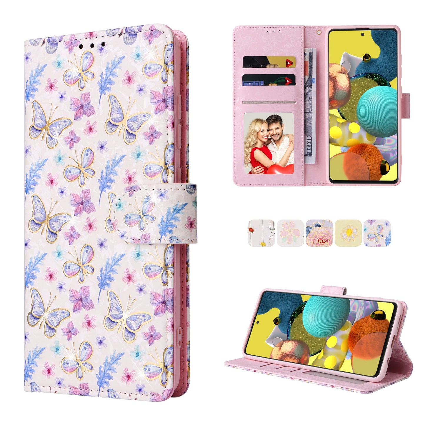 Samsung Galaxy A51 Luxury Bronzing Leather Case - Floral RFID Wallet Cover with Stand & Card Slots