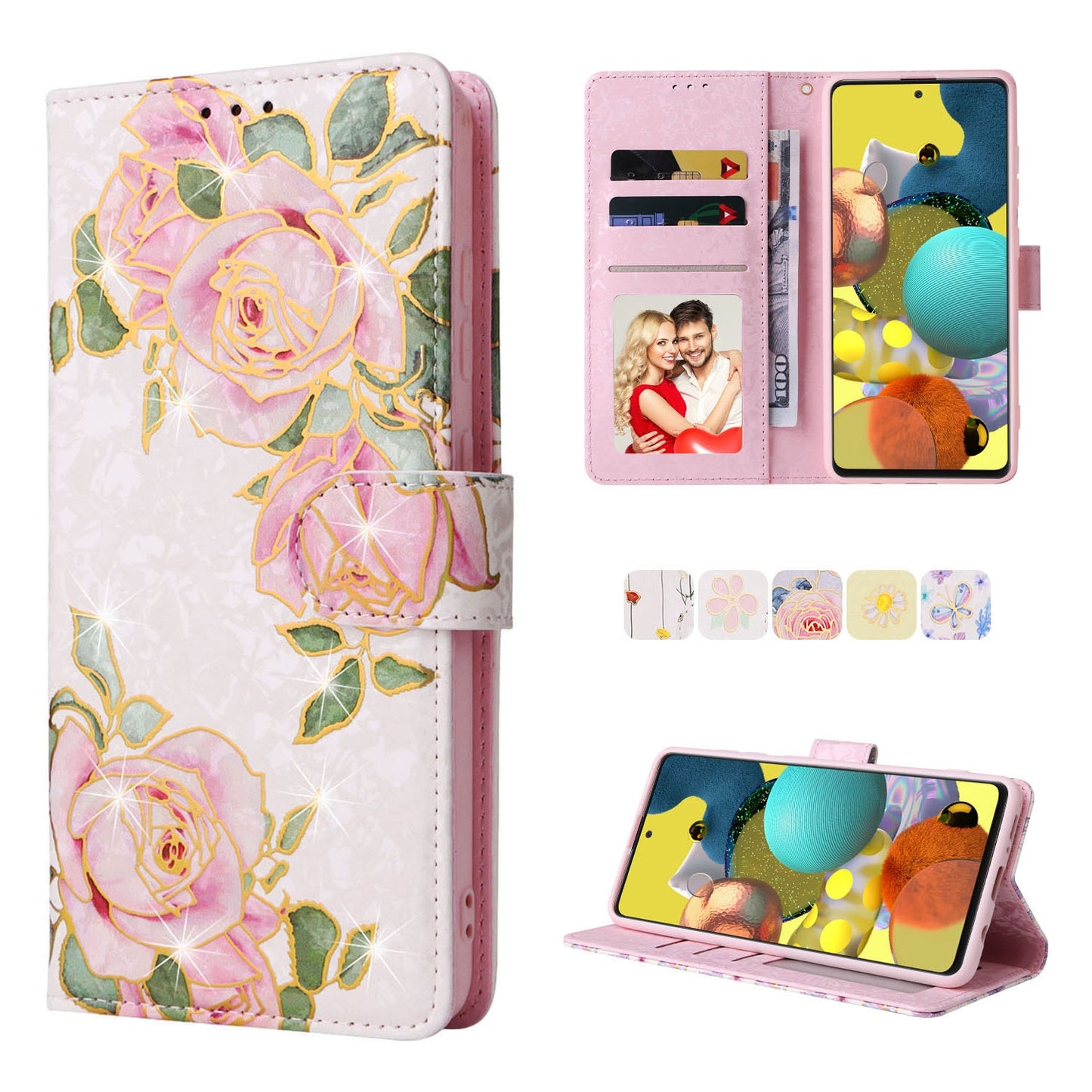 Samsung Galaxy A51 Luxury Bronzing Leather Case - Floral RFID Wallet Cover with Stand & Card Slots