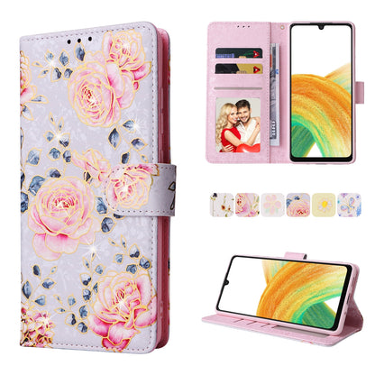 Samsung Galaxy A33 5G Luxury Bronzing Leather Case - Floral RFID Wallet Cover with Stand & Card Slots