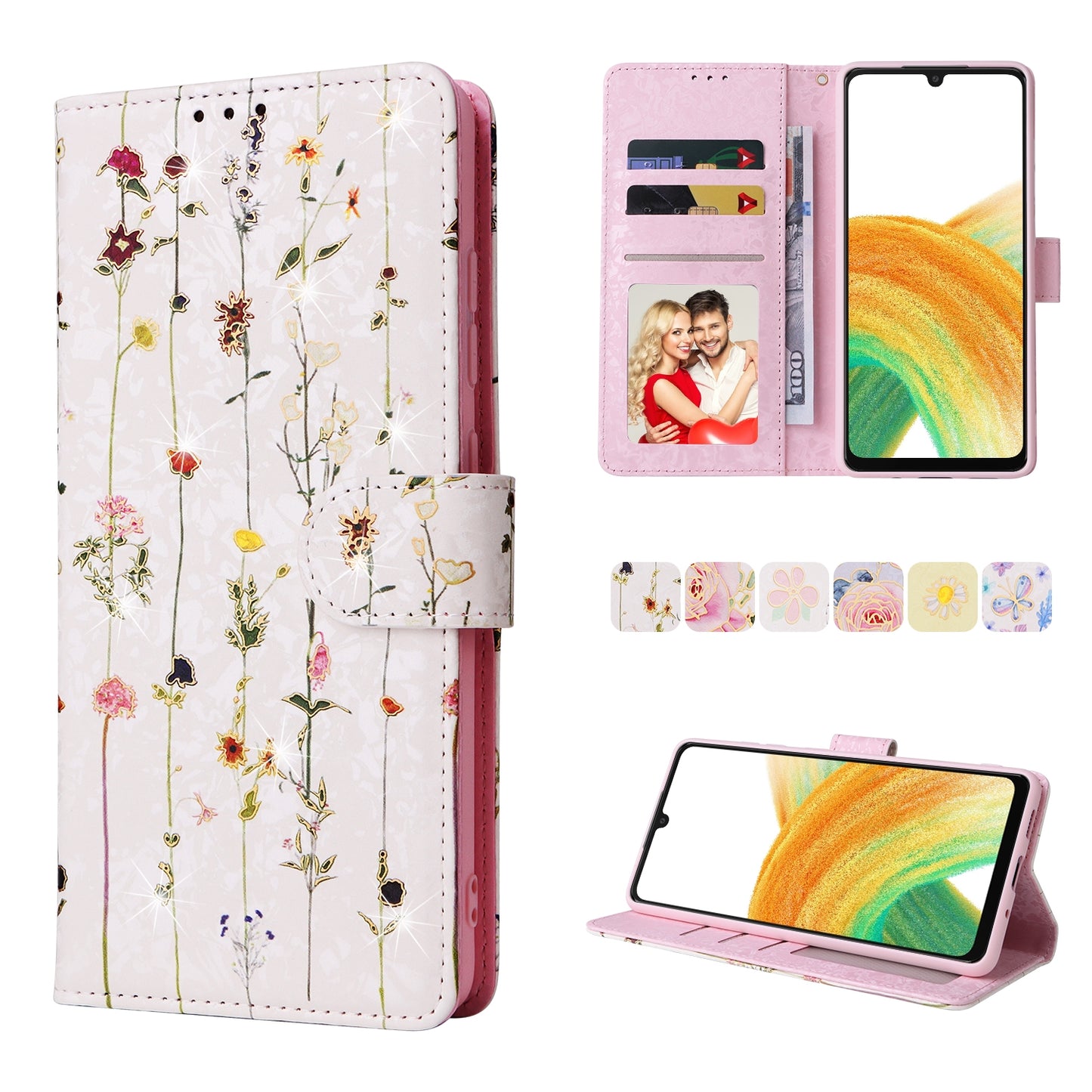 Samsung Galaxy A33 5G Luxury Bronzing Leather Case - Floral RFID Wallet Cover with Stand & Card Slots