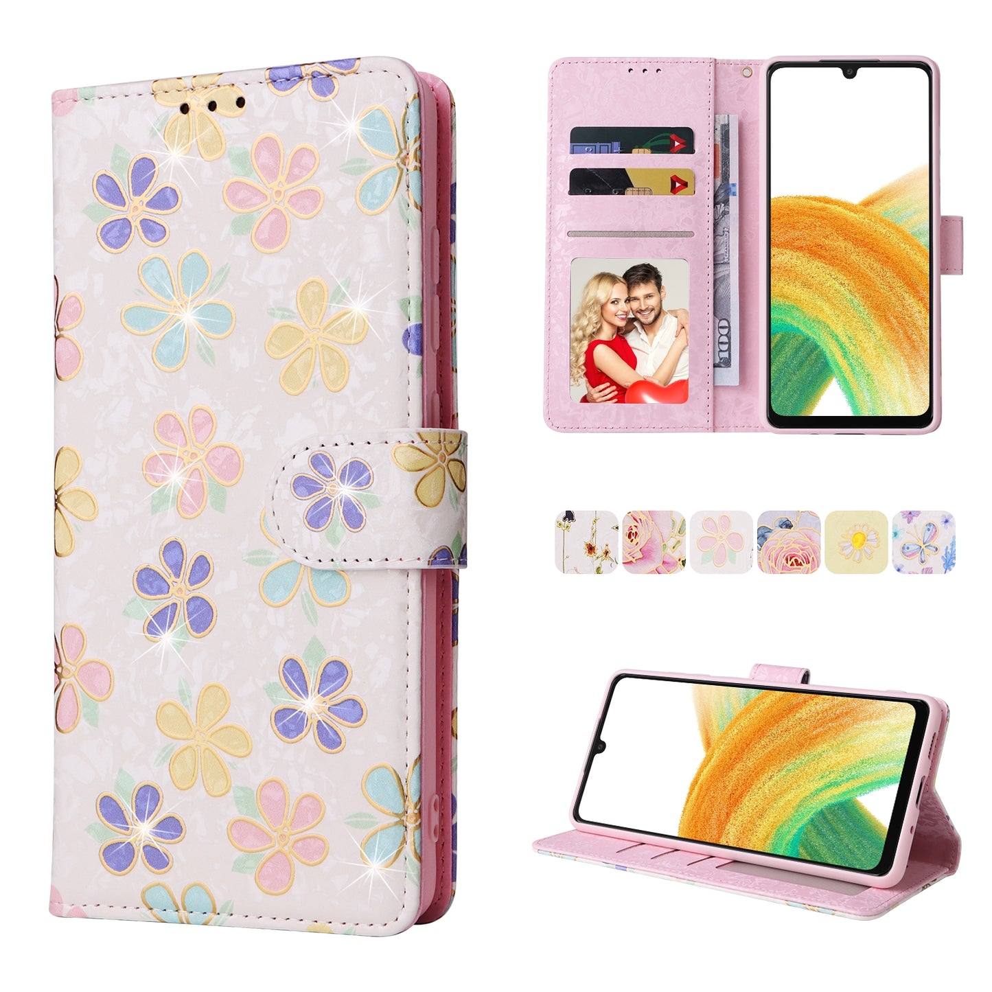 Samsung Galaxy A33 5G Luxury Bronzing Leather Case - Floral RFID Wallet Cover with Stand & Card Slots