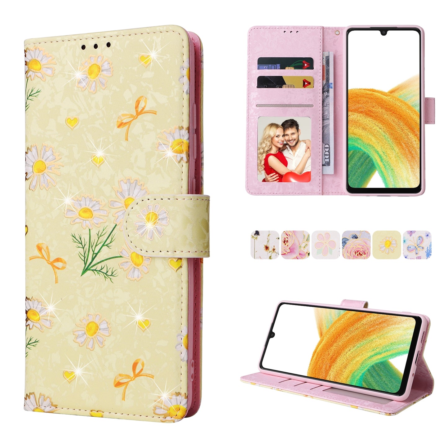 Samsung Galaxy A33 5G Luxury Bronzing Leather Case - Floral RFID Wallet Cover with Stand & Card Slots