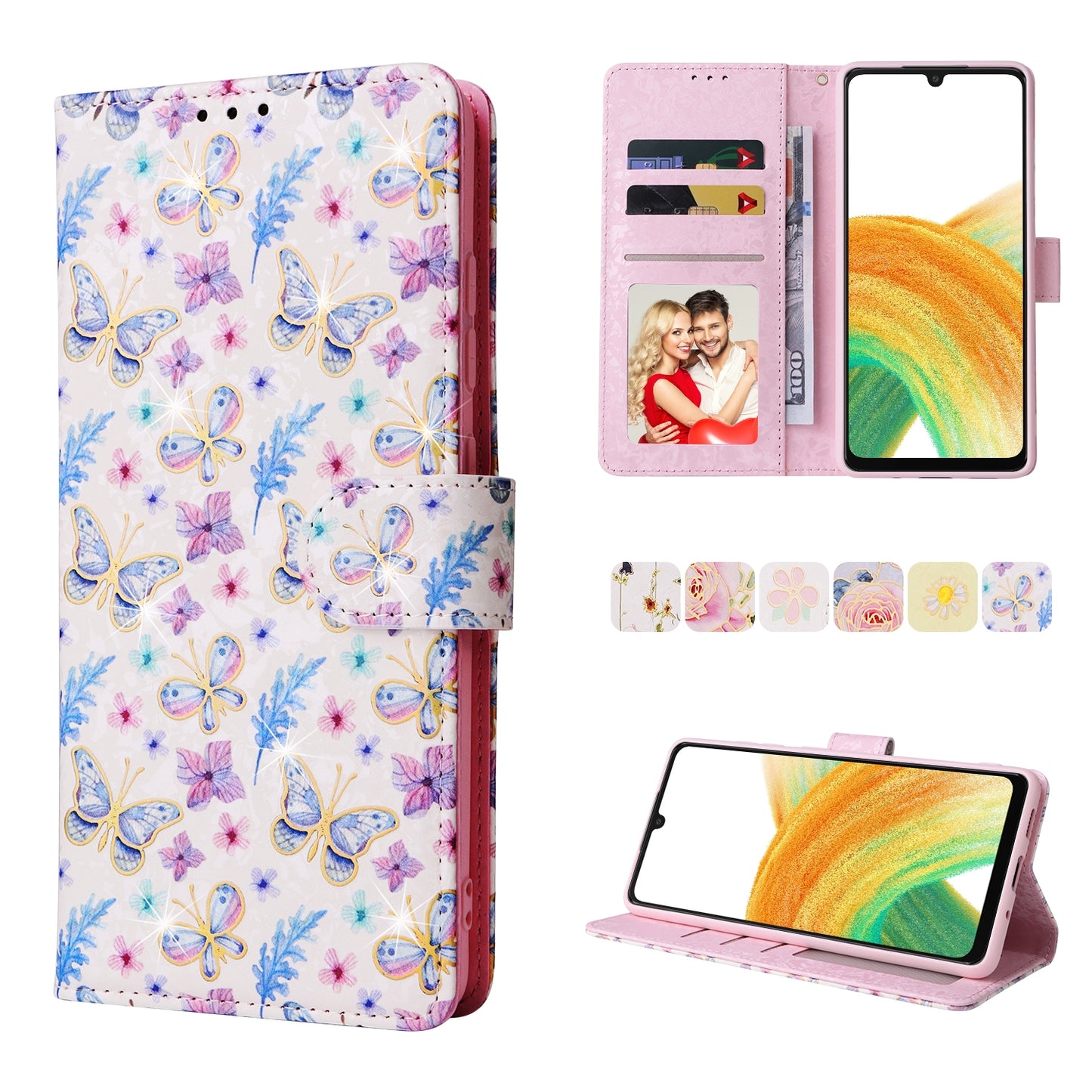 Samsung Galaxy A33 5G Luxury Bronzing Leather Case - Floral RFID Wallet Cover with Stand & Card Slots