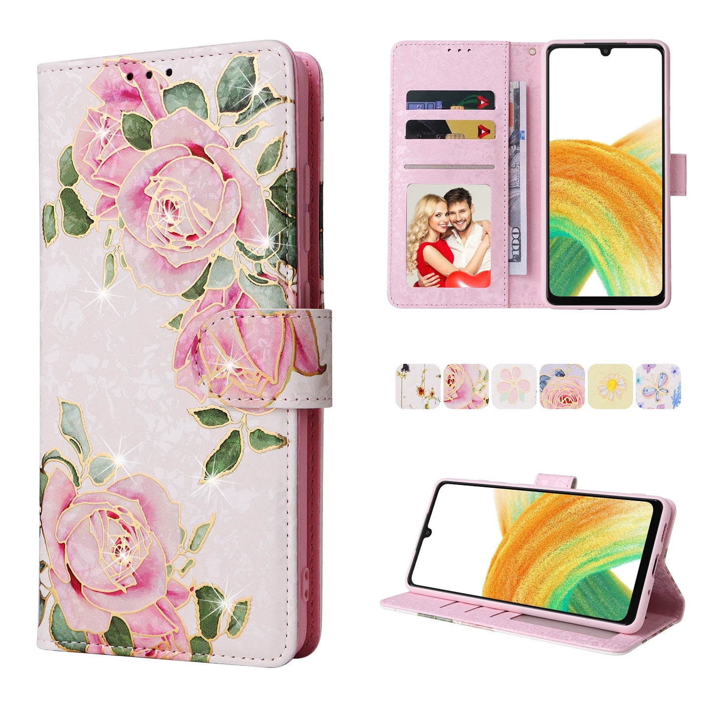 Samsung Galaxy A33 5G Luxury Bronzing Leather Case - Floral RFID Wallet Cover with Stand & Card Slots