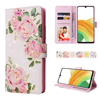 Samsung Galaxy A33 5G Luxury Bronzing Leather Case - Floral RFID Wallet Cover with Stand & Card Slots