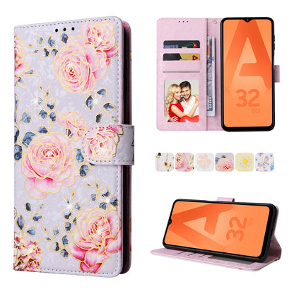 Samsung Galaxy A32 5G Luxury Bronzing Leather Case - Floral RFID Wallet Cover with Stand & Card Slots
