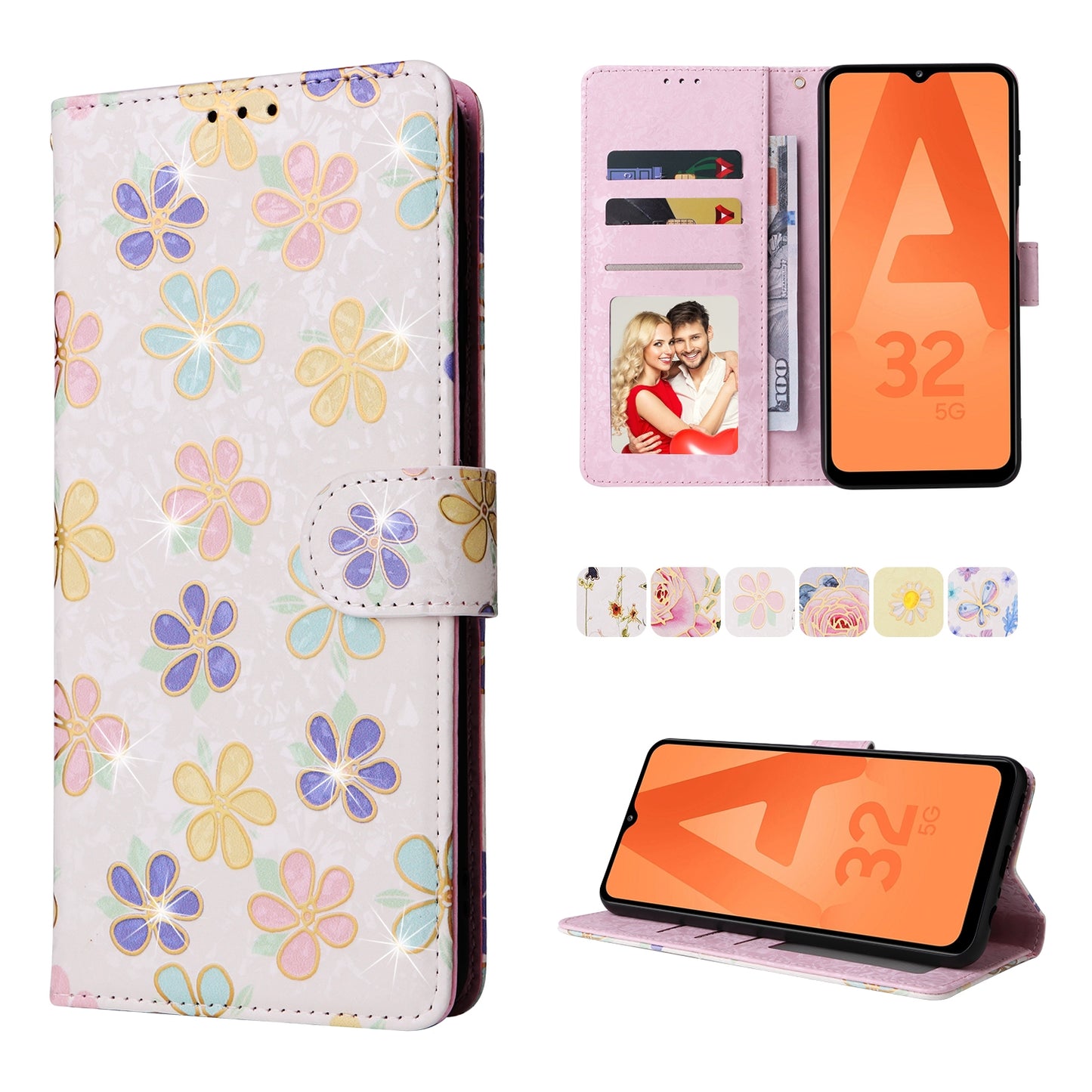 Samsung Galaxy A32 5G Luxury Bronzing Leather Case - Floral RFID Wallet Cover with Stand & Card Slots