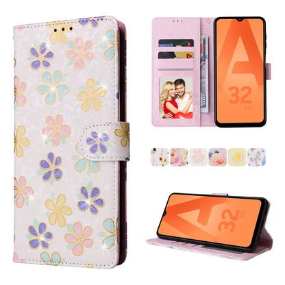 Samsung Galaxy A32 5G Luxury Bronzing Leather Case - Floral RFID Wallet Cover with Stand & Card Slots