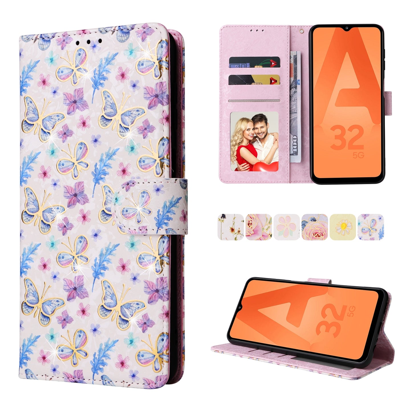 Samsung Galaxy A32 5G Luxury Bronzing Leather Case - Floral RFID Wallet Cover with Stand & Card Slots