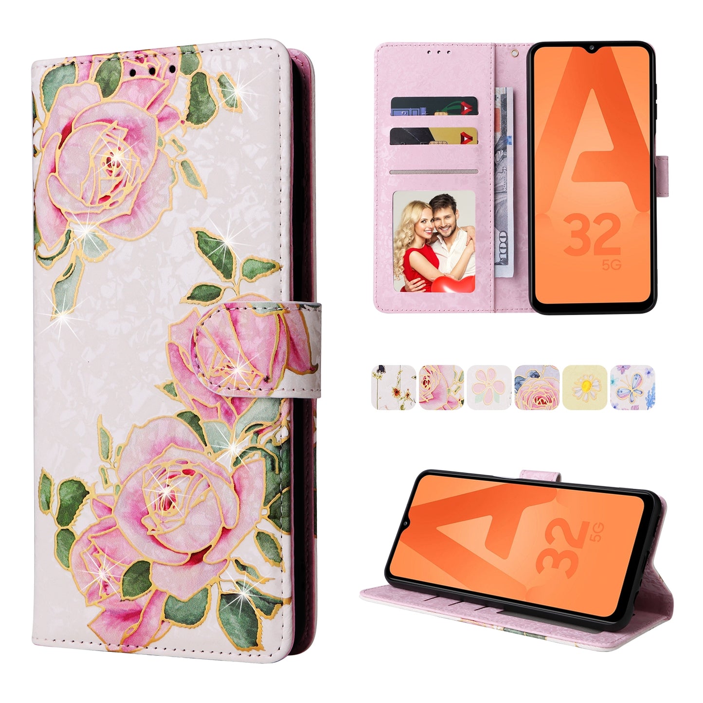 Samsung Galaxy A32 5G Luxury Bronzing Leather Case - Floral RFID Wallet Cover with Stand & Card Slots