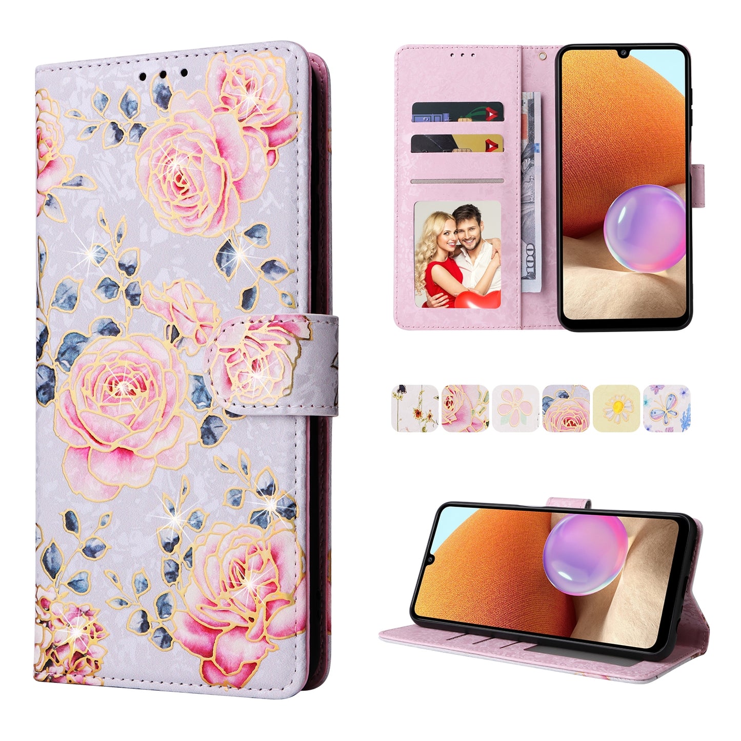 Samsung Galaxy A32 4G Luxury Bronzing Leather Case - Floral RFID Wallet Cover with Stand & Card Slots