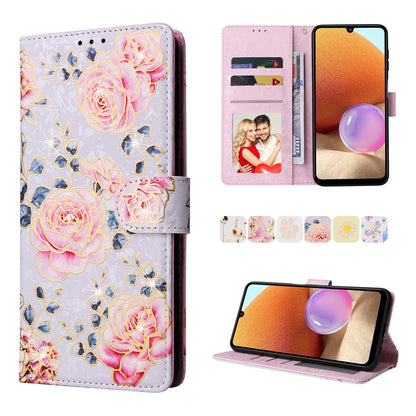 Samsung Galaxy A32 4G Luxury Bronzing Leather Case - Floral RFID Wallet Cover with Stand & Card Slots