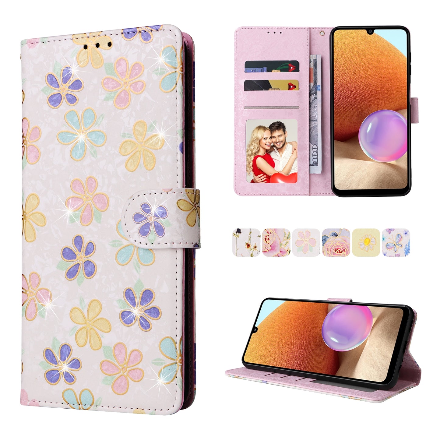Samsung Galaxy A32 4G Luxury Bronzing Leather Case - Floral RFID Wallet Cover with Stand & Card Slots