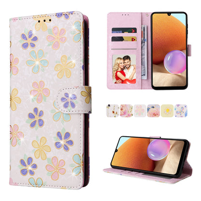 Samsung Galaxy A32 4G Luxury Bronzing Leather Case - Floral RFID Wallet Cover with Stand & Card Slots