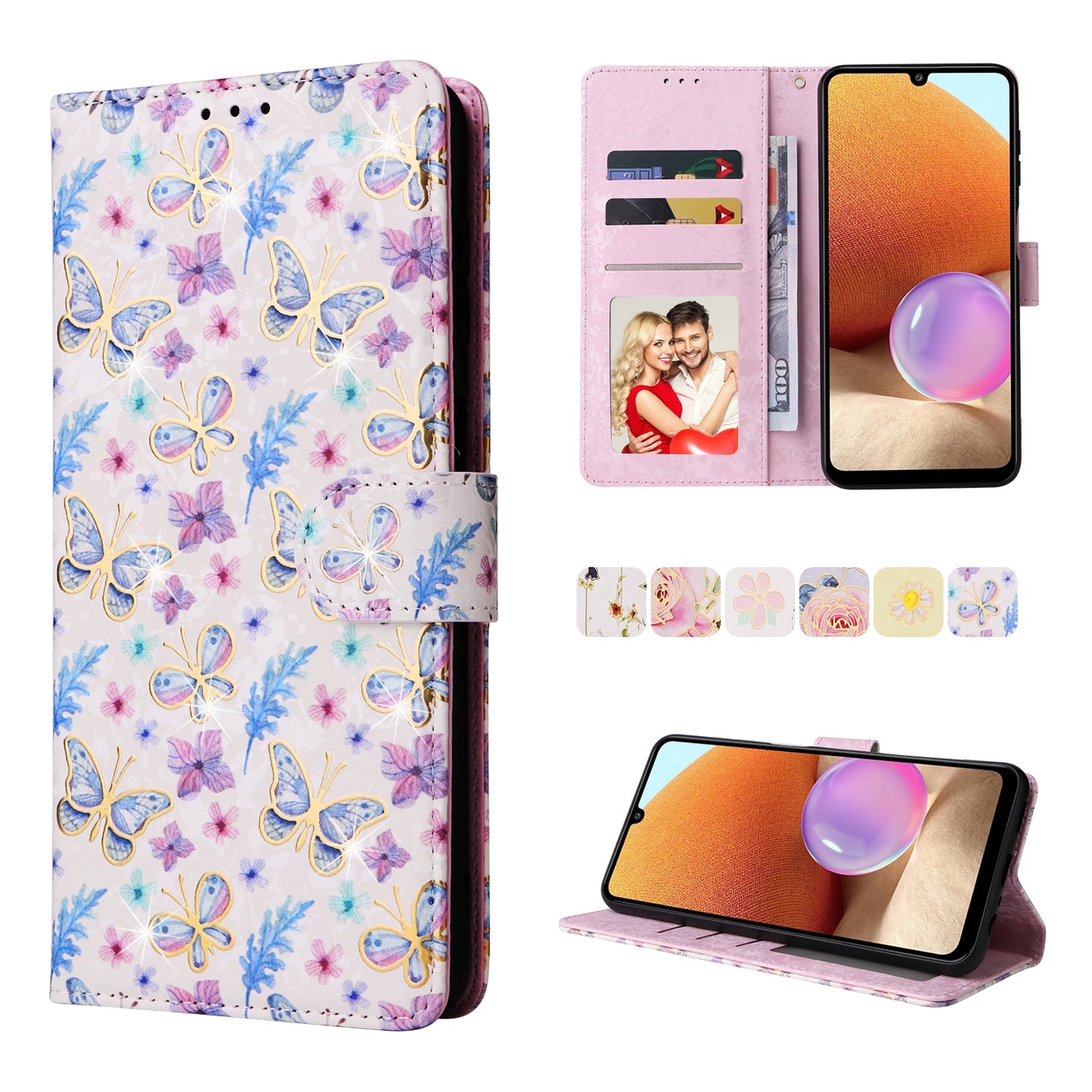 Samsung Galaxy A32 4G Luxury Bronzing Leather Case - Floral RFID Wallet Cover with Stand & Card Slots